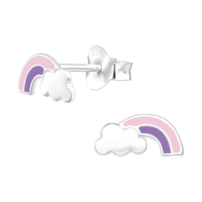 Joy|S - Zilveren regenboog oorbellen met wolkje - lila paars zilver - 9 x 4 mm - kinderoorbellen