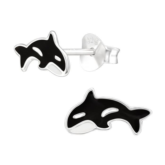 Joy|S - Zilveren orka / walvis oorbellen - zwart wit - 10 x 5 mm - vis - oorknoppen