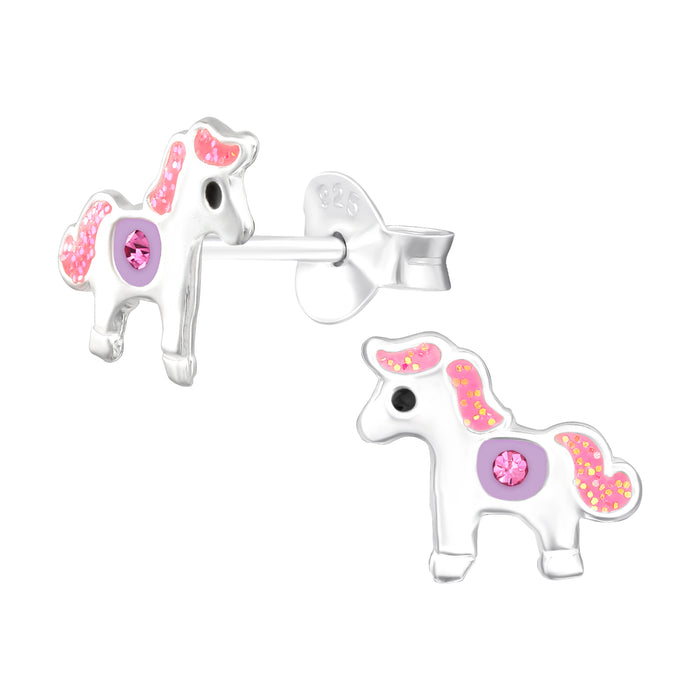 Joy|S - Zilveren paard oorbellen - 9 x 8 mm - zilver paardje met roze glitter manen - roze kristal - kinderoorbellen