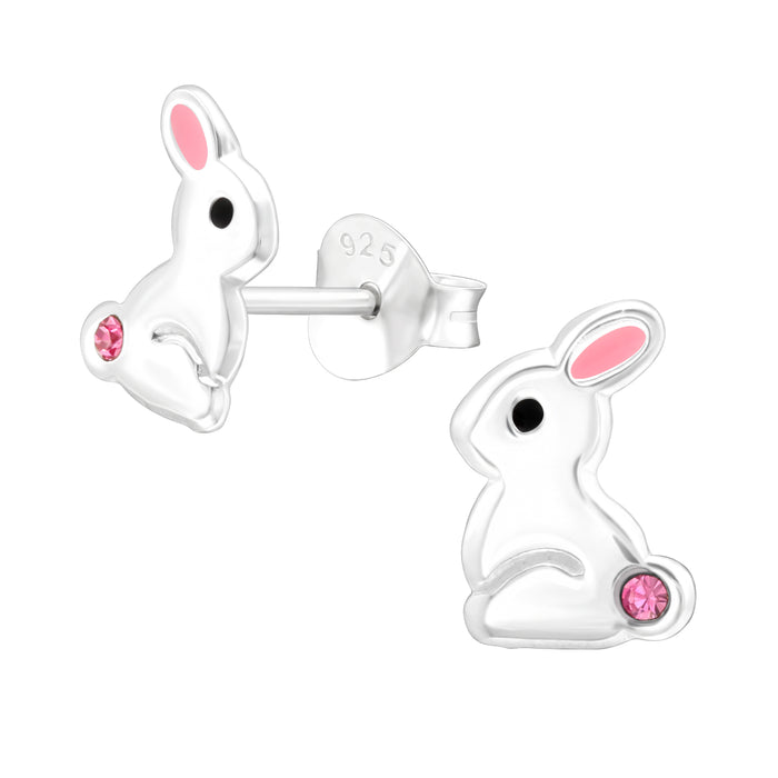Joy|S - Zilveren konijn oorbellen - 6 x 8 mm - zilver met roze oortjes en roze kristalletje - kinderoorbellen