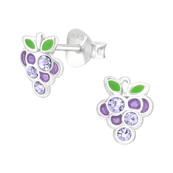 Joy|S - Zilveren druif oorbellen - druiventros - 6 x 8 mm - paars met lila kristal - kinderoorbellen