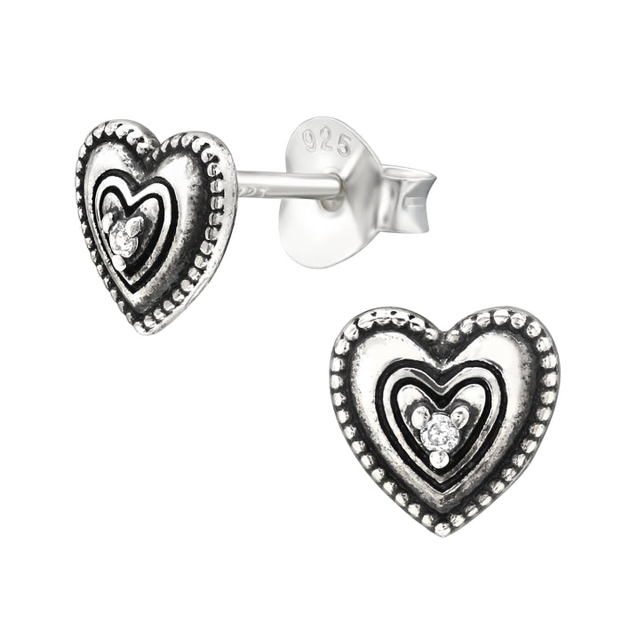 Joy|S - Zilveren hartje oorbellen - massief - 6 mm - zirkonia - geoxideerd