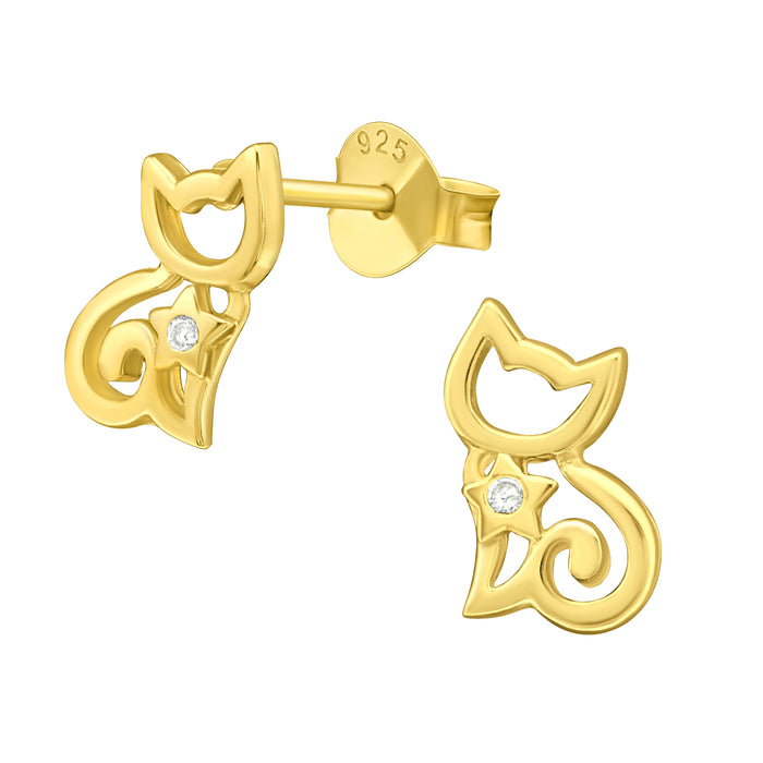 Joy|S - Zilveren kat poes oorbellen - 9 x 10 mm - met zirkonia in ster - goudplating