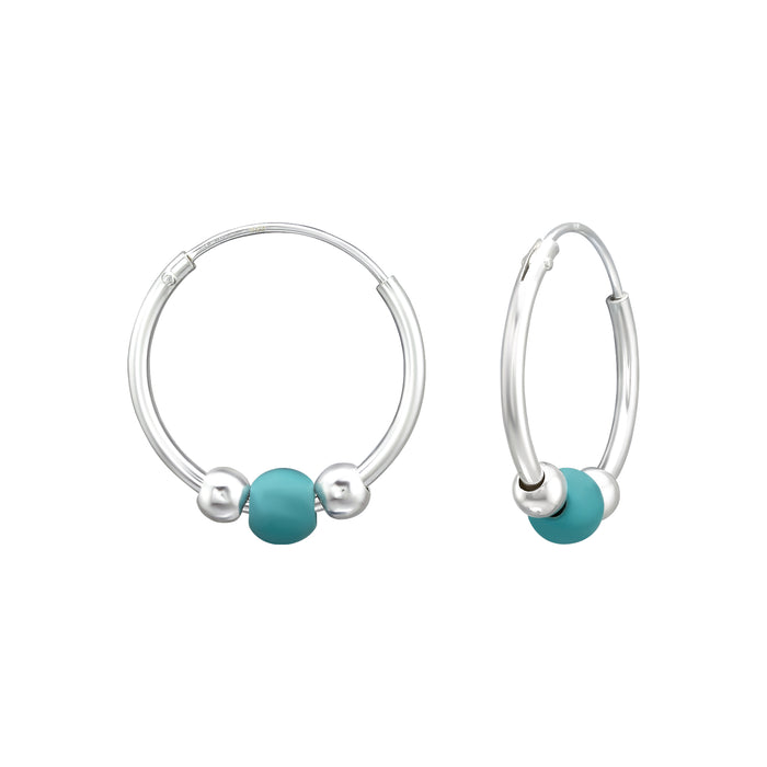 Joy|S - Zilveren Bali oorbellen - 16 mm oorringen - kraaltjes zilver en turquoise