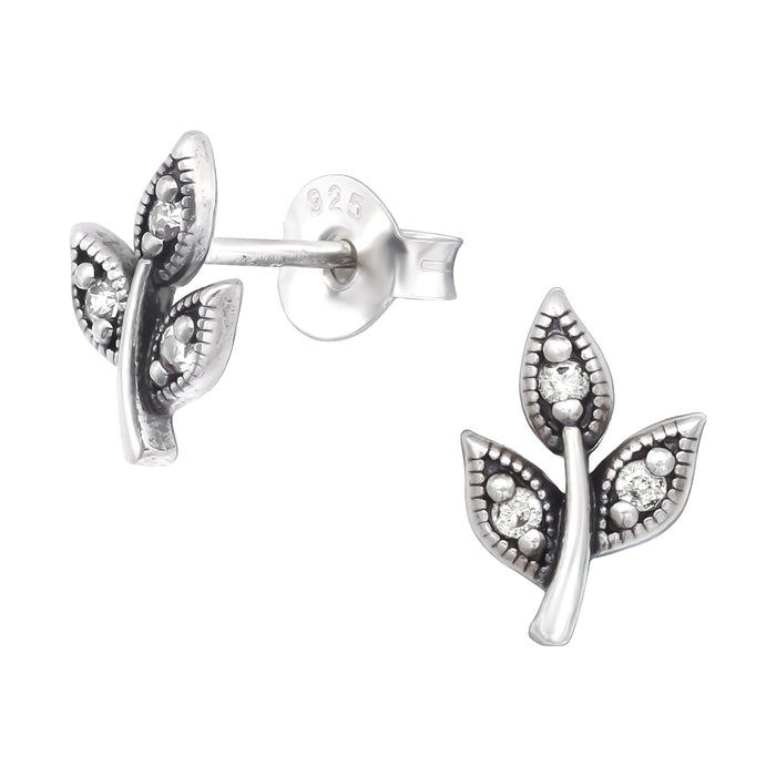 Joy|S - Zilveren takje oorbellen - takje met blad oorknoppen - 6 x 9 mm - zirkonia - geoxideerd