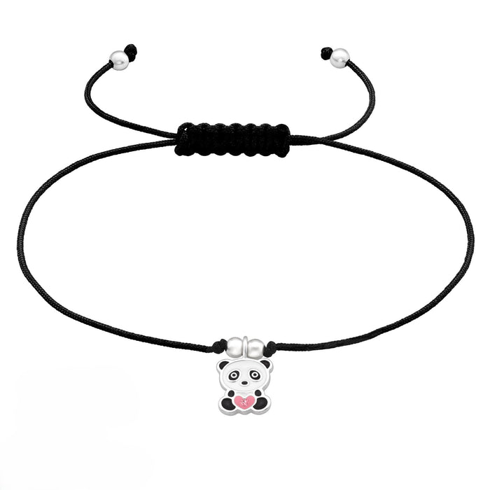 Joy|S - Zilveren panda bedel armband - panda met roze hartje sterling zilver 925 - roze kristal - zwart koord