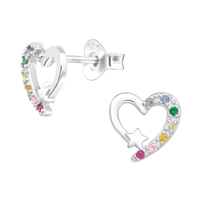Joy|S - Zilveren hartje oorbellen - 8 mm - met ster - verschillende kleurtjes zirkonia - oorknoppen