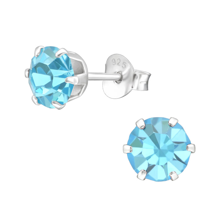 Joy|S - Zilveren oorknoppen - rond 6 mm - aqua blauw kristal - oorbellen