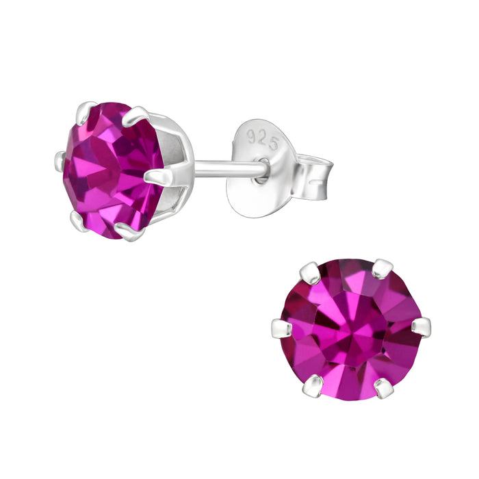 Joy|S - Zilveren oorknoppen - rond 6 mm - kristal fuchsia roze - oorbellen