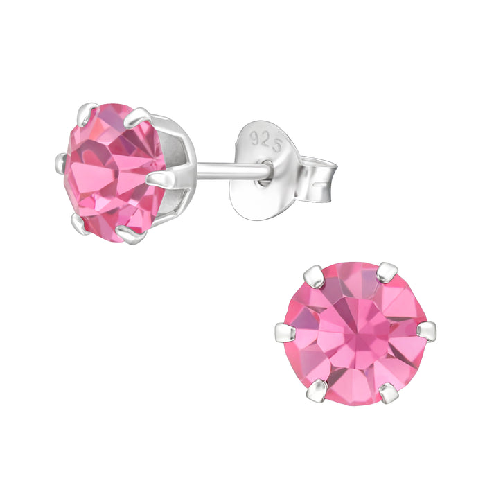 Joy|S - Zilveren oorknoppen - rond 6 mm - magenta roze kristal - oorbellen