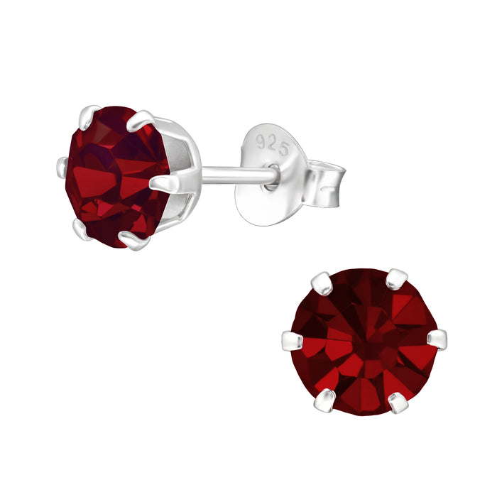 Joy|S - Zilveren oorknoppen - rond 6 mm - donker rood kristal - oorbellen