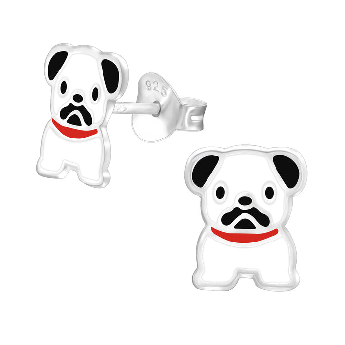 Joy|S - Zilveren hond oorbellen - wit zwart met rode halsband - 7 x 9 mm - voor kinderen