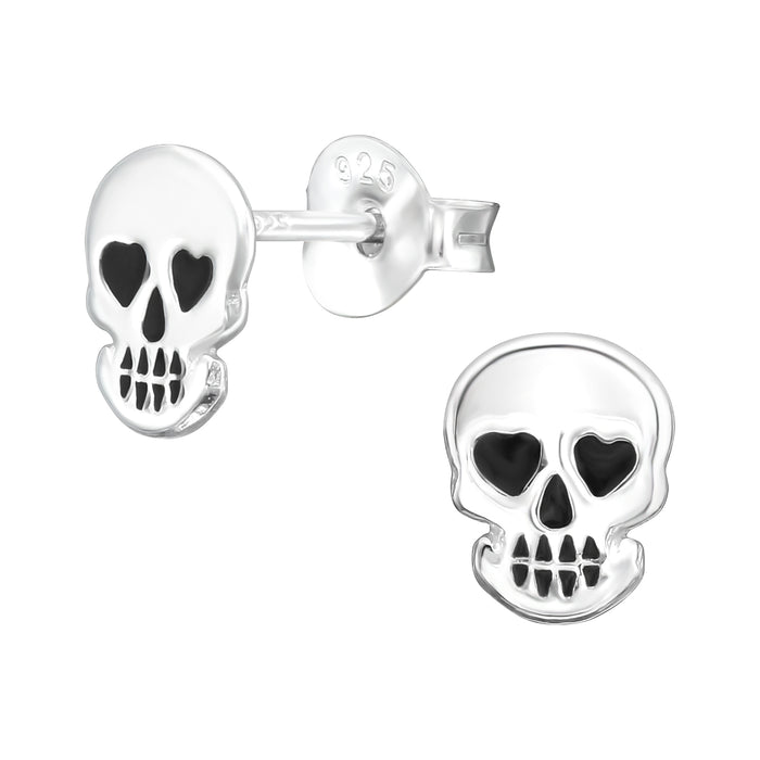 Joy|S - Zilveren skull schedel oorbellen - 6 x 7 mm - doodskop oorknoppen - met hartjes oogjes - zilver met zwart - kinderoorbellen