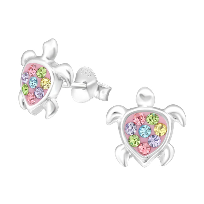 Joy|S - Zilveren schildpad oorbellen - 9.5 x 10 mm - zilver roze met gekleurde kristalletjes - kinderoorbellen
