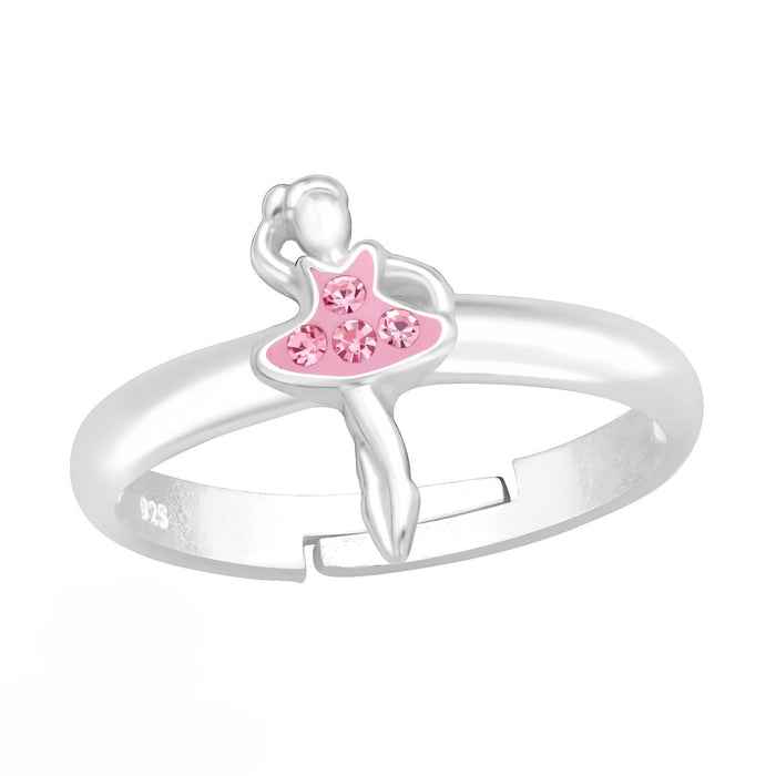 Joy|S - Zilveren ballerina ring - verstelbaar - roze met roze kristal - danseres - voor kinderen