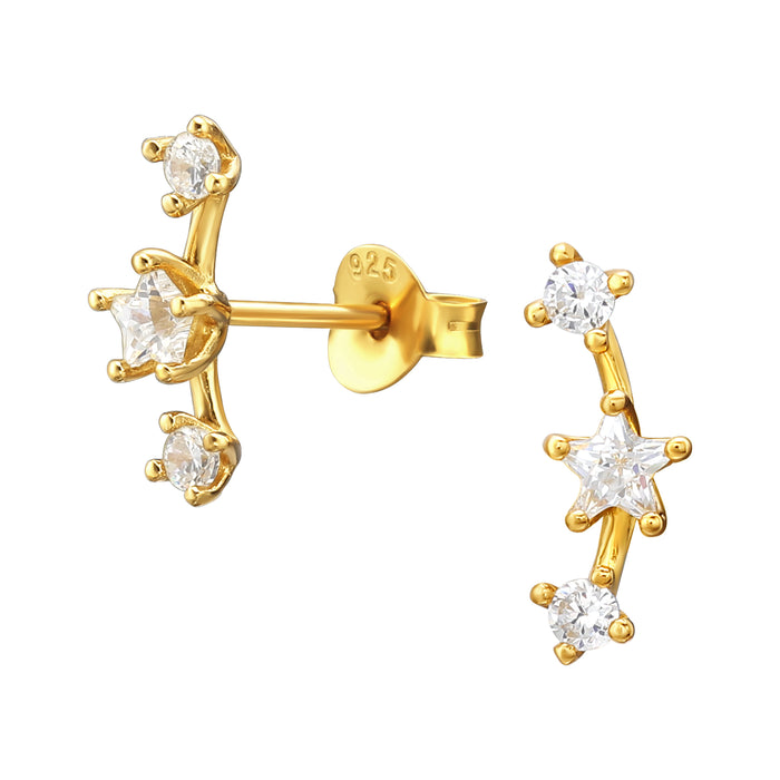 Joy|S - Zilveren ster oorbellen - 3 sterren licht gebogen vorm - 13 x 3.5 mm - zirkonia - goudplating
