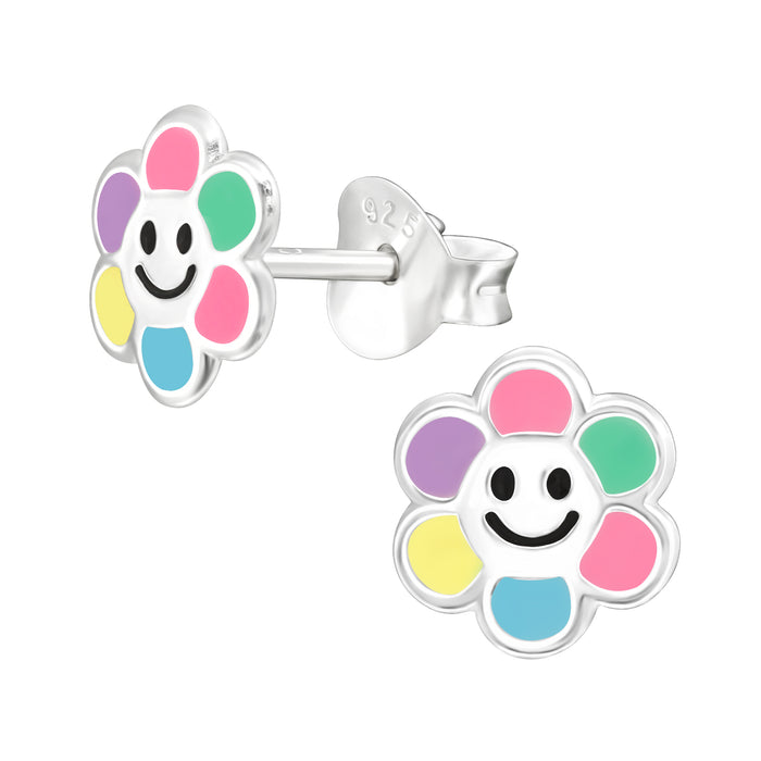 Joy|S - Zilveren bloem oorbellen - vrolijke bloem - zilver / multicolor - 6.5 mm - voor kinderen