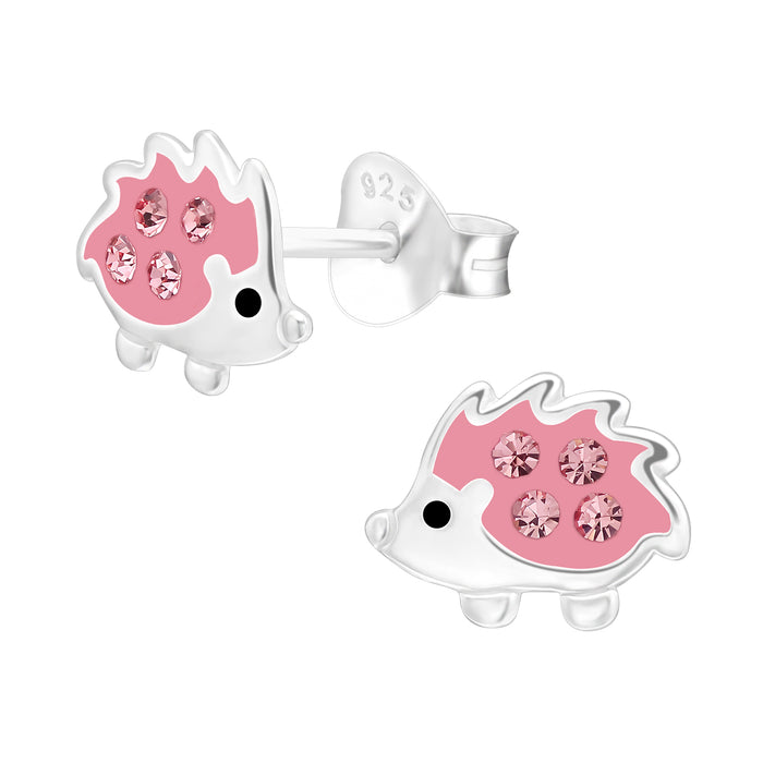 Joy|S - Zilveren egel oorbellen - zilver roze met roze kristal - 8 x 6 mm