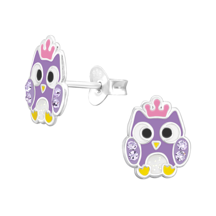 Joy|S - Zilveren uil oorbellen - paars met roze kroontje - 8.5 x 10 mm - kristal - kinderoorbellen