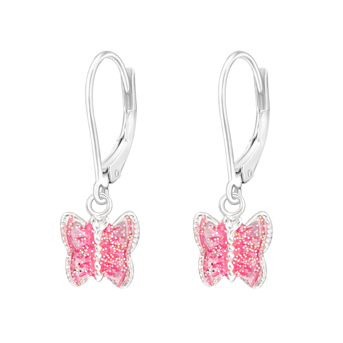 Joy|S - Zilveren vlinder bedel oorbellen - leverback sluiting - roze met glitters