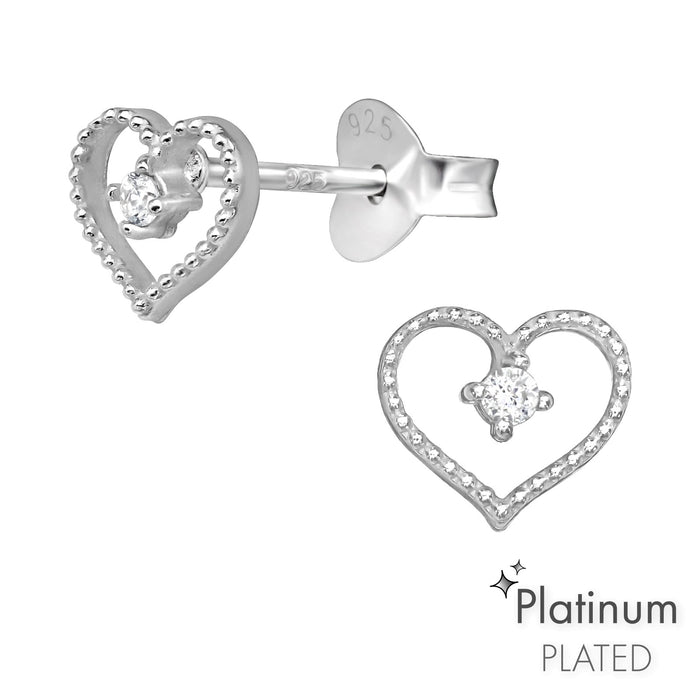 Joy|S - Zilveren hartje oorbellen - platinum plated - 6.5 x 5.5 mm - zirkonia - elegante hartjes oorknopjes