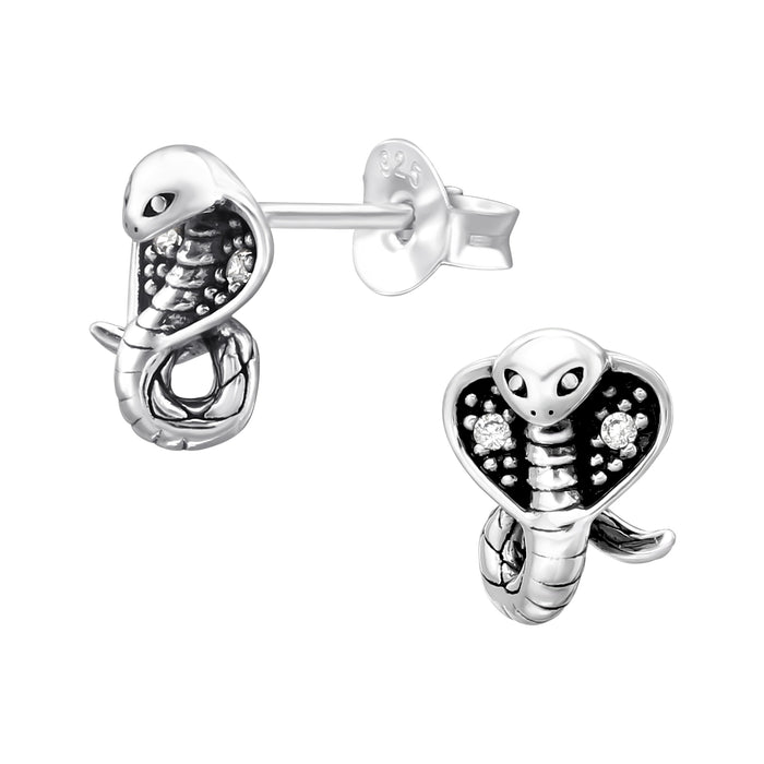 Joy|S - Zilveren slang oorbellen - 7 x 9 mm - zirkonia - geoxideerd - cobra oorknoppen