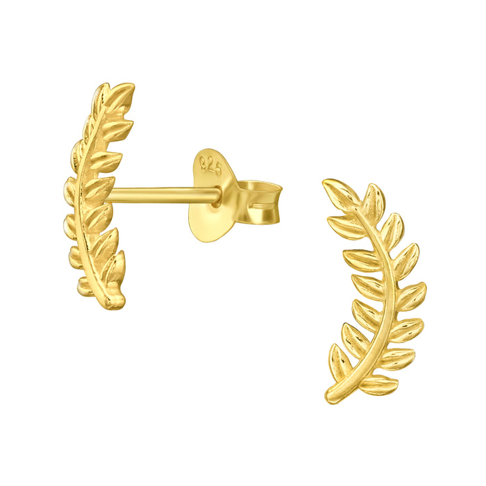 Joy|S - Zilveren takje met blaadjes oorbellen - 4.5 x 12 mm - blad oorknoppen - goudplating / goldplated