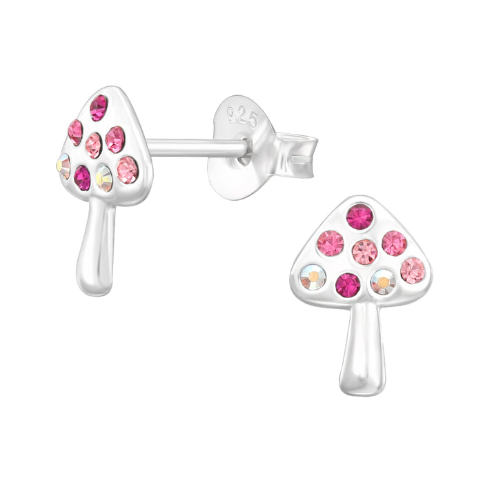Joy|S - Zilveren paddenstoel oorbellen - zilver met roze kristalletjes - 6.5 mm x 9 mm
