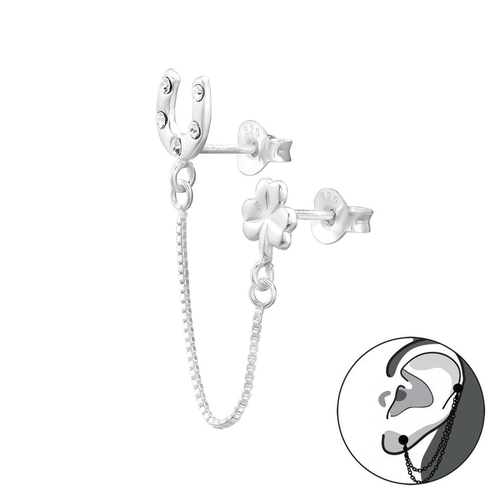 Joy|S - Zilveren hoefijzer klavertje vier oorbel - ear jacket met kettinkje - kristal