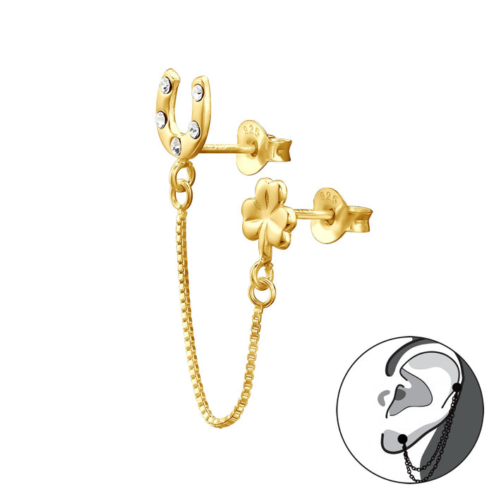 Joy|S - Zilveren hoefijzer klavertje vier oorbel - ear jacket met kettinkje - kristal - goudplating