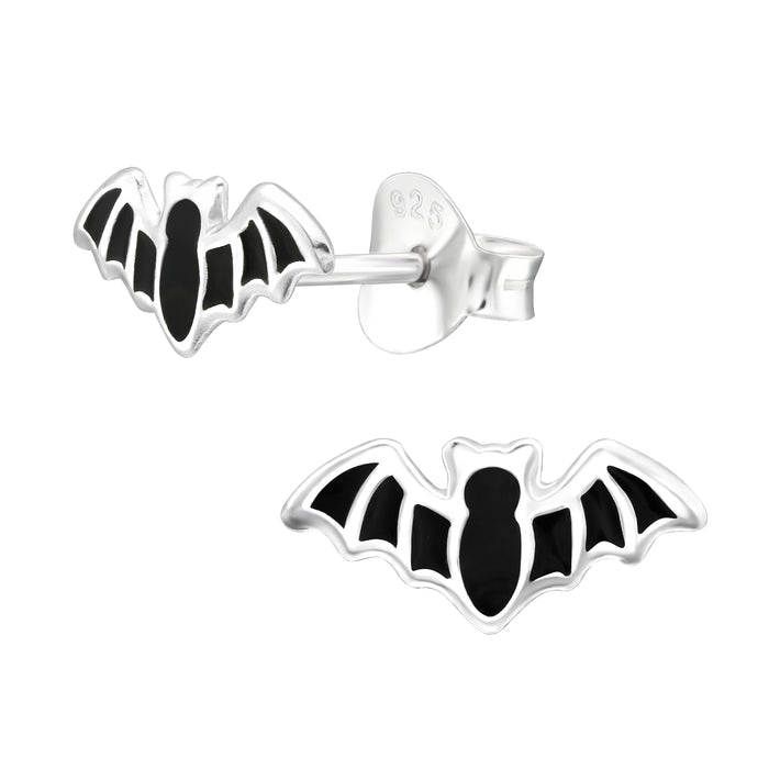 Joy|S - Zilveren vleermuis oorbellen - 10 x 5 mm - zwart zilver - halloween kinderoorbellen