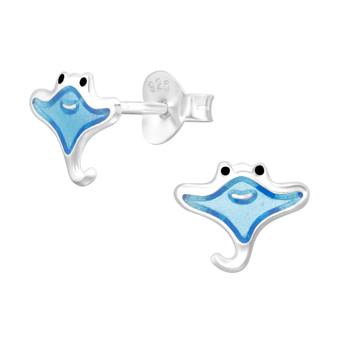 Joy|S - Zilveren pijlstaartrog oorbellen - 8.6 x 7 mm - zilver blauw - stringray / rog oorknoppen - kinderoorbellen