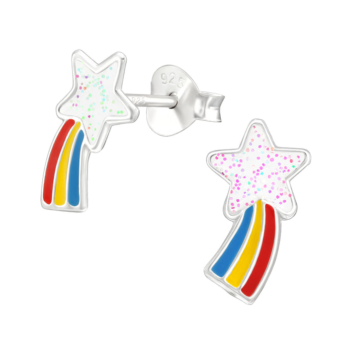 Joy|S - Zilveren vallende ster oorbellen - glitter wit met blauw rood geel - 11 x 6 mm