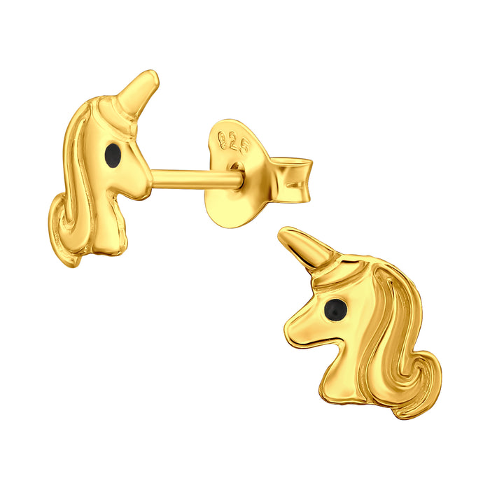 Joy|S - Zilveren eenhoorn oorbellen - 6 x 7 mm - unicorn oorknoppen - kinderoorbellen - goudplating / goldplated