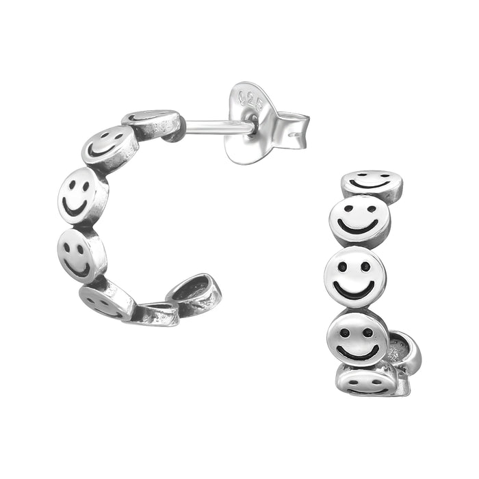 Joy|S - Zilveren smiley oorbellen - oorringen - 3 mm / 12 mm - emoji - geoxideerd
