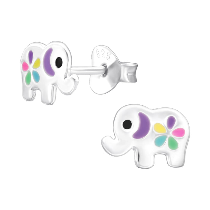 Joy|S - Zilveren olifant oorbellen - met bloem - 8.5 x 6 mm - zilver / multicolor