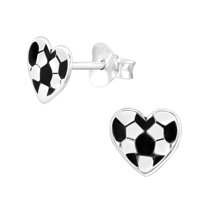 Joy|S - Zilveren voetbal hartje oorbellen - 7 x 6.5 mm - zilver zwart - kinderoorbellen