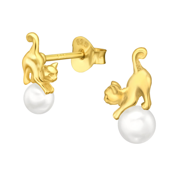 Joy|S - Zilveren kat poes oorbellen - 5.5 x 10.5 mm - met pareltje - goudplating