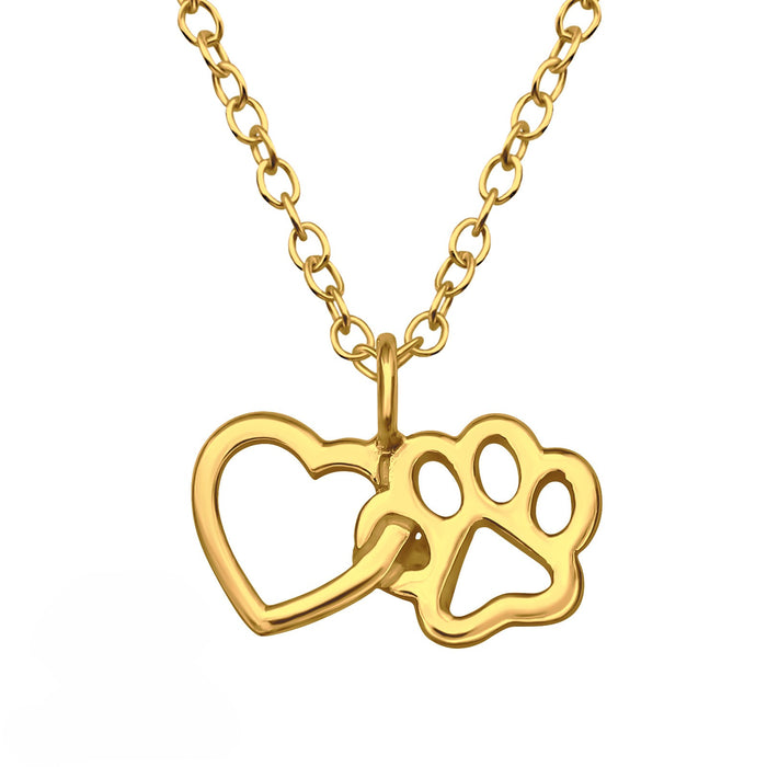 Joy|S - Zilveren hartje met dierenpoot hanger - inclusief ketting 39 cm met extra oogje op 36 cm - goudplating - kat hond poot afdruk - voor kinderen