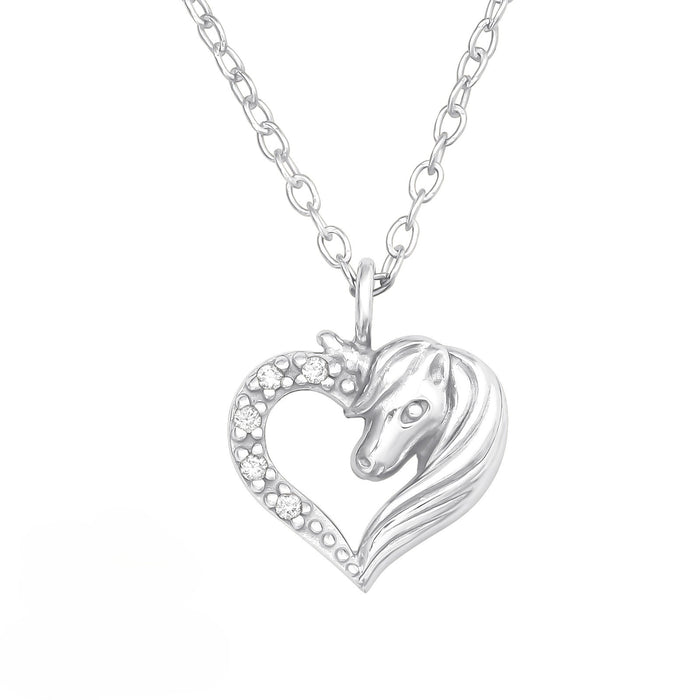 Joy|S - Zilveren hartje hanger - eenhoorn paard - zirkonia - inclusief ketting 39 cm (extra oogje bij 36 cm)