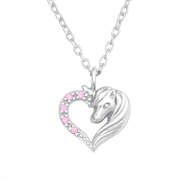 Joy|S - Zilveren hartje hanger - eenhoorn paard - roze zirkonia - inclusief ketting 39 cm (extra oogje bij 36 cm)