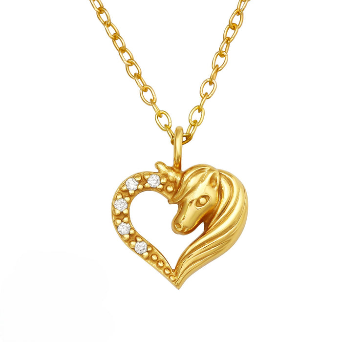 Joy|S - Zilveren hartje hanger met eenhoorn - unicorn - inclusief ketting 39 cm (verstelbaar extra oogje op 36 cm) - zirkonia - goudplating / goldplated