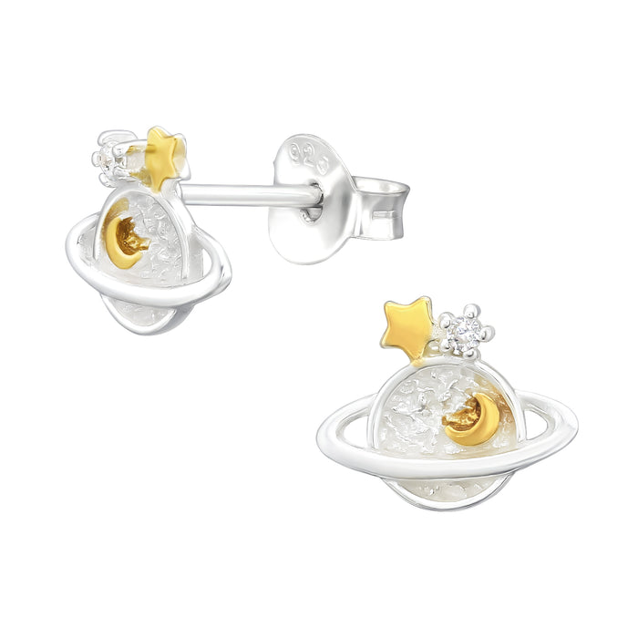Joy|S - Zilveren planeet oorbellen - saturnus - 8 x 7 mm - zilver - zirkonia - ster en maan goudplating