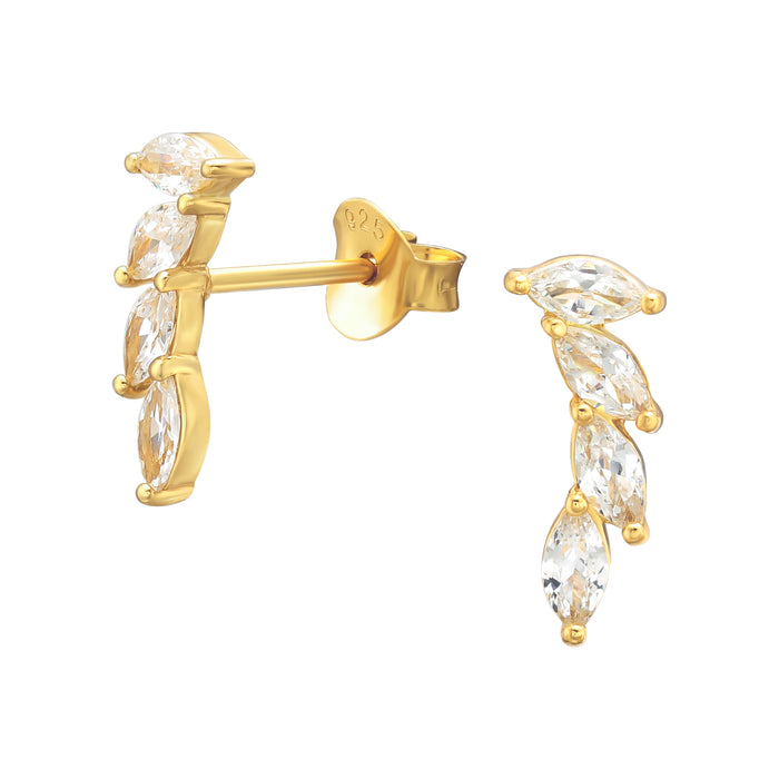 Joy|S - Zilveren elegante bloem oorbellen - marquise zirkonia ovale blaadjes / takje oorknoppen - 12 x 5 mm - gold plated / goudplating