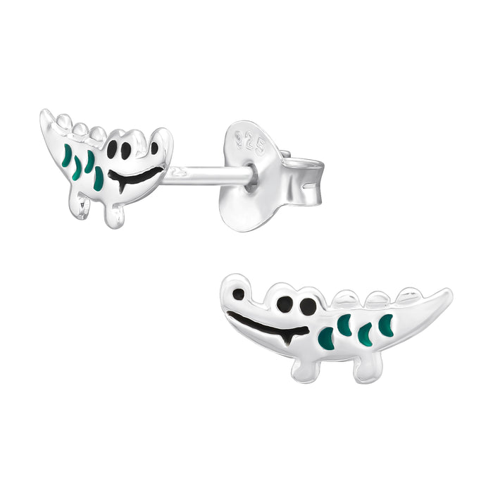 Joy|S - Zilveren krokodil oorbellen - 10 x 4.5 mm - zilver met groen en zwarte accentjes