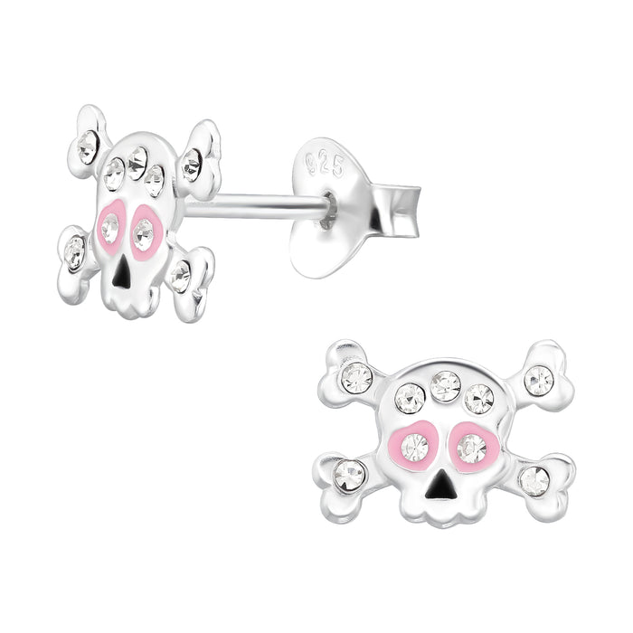 Joy|S - Zilveren skull oorbellen - doodskop - 10 x 7 mm - zilver met roze oogjes - kristal - halloween oorbellen