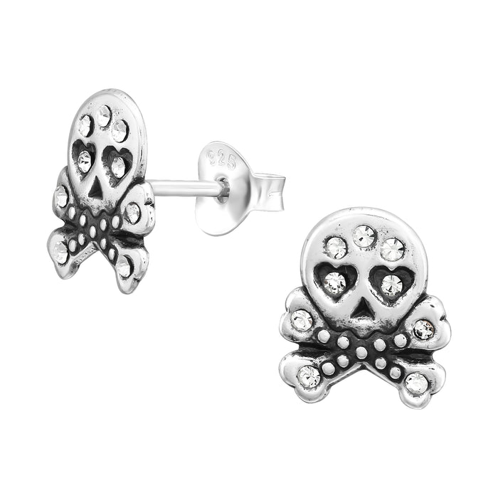 Joy|S - Zilveren skull oorbellen - doodskop - 8 x 10 mm - hartjes oogjes - kristal - geoxideerd - halloween oorbellen