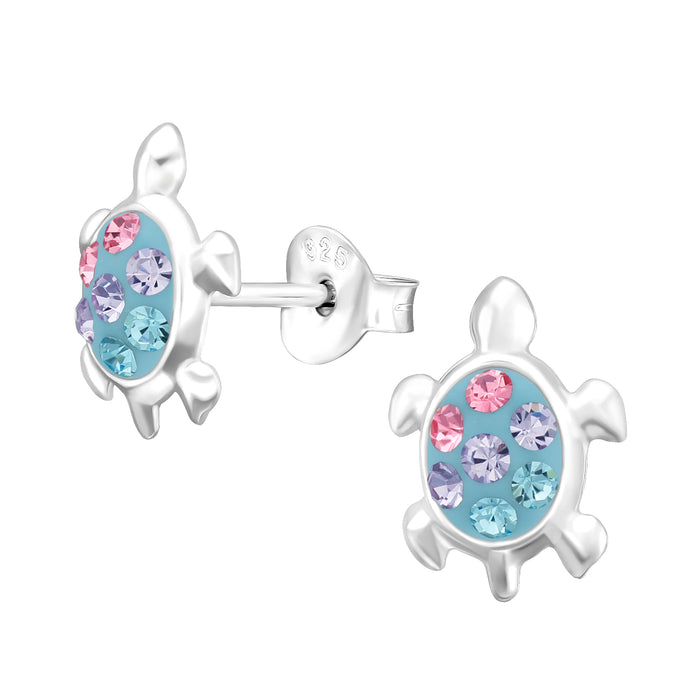 Joy|S - Zilveren schildpad oorbellen - 9 x 11 mm - zilver blauw met gekleurde kristalletjes - kinderoorbellen