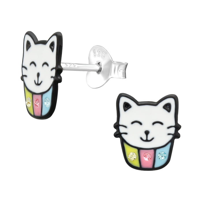 Joy|S - Zilveren kat in cupcake oorbellen - 8 x 9 mm - kristal - kinderoorbellen