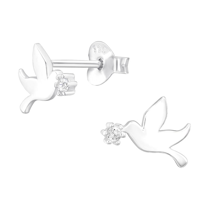Joy|S - Zilveren vogel oorbellen - 6 x 10 mm - zirkonia - oorknoppen duif - gepolijst